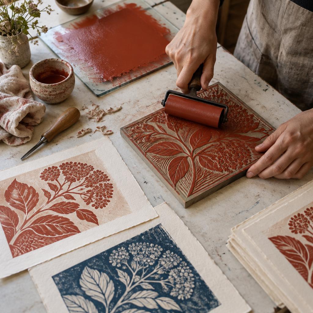 Hands rolling terracotta ink onto a botanical linocut, with paper prints nearby